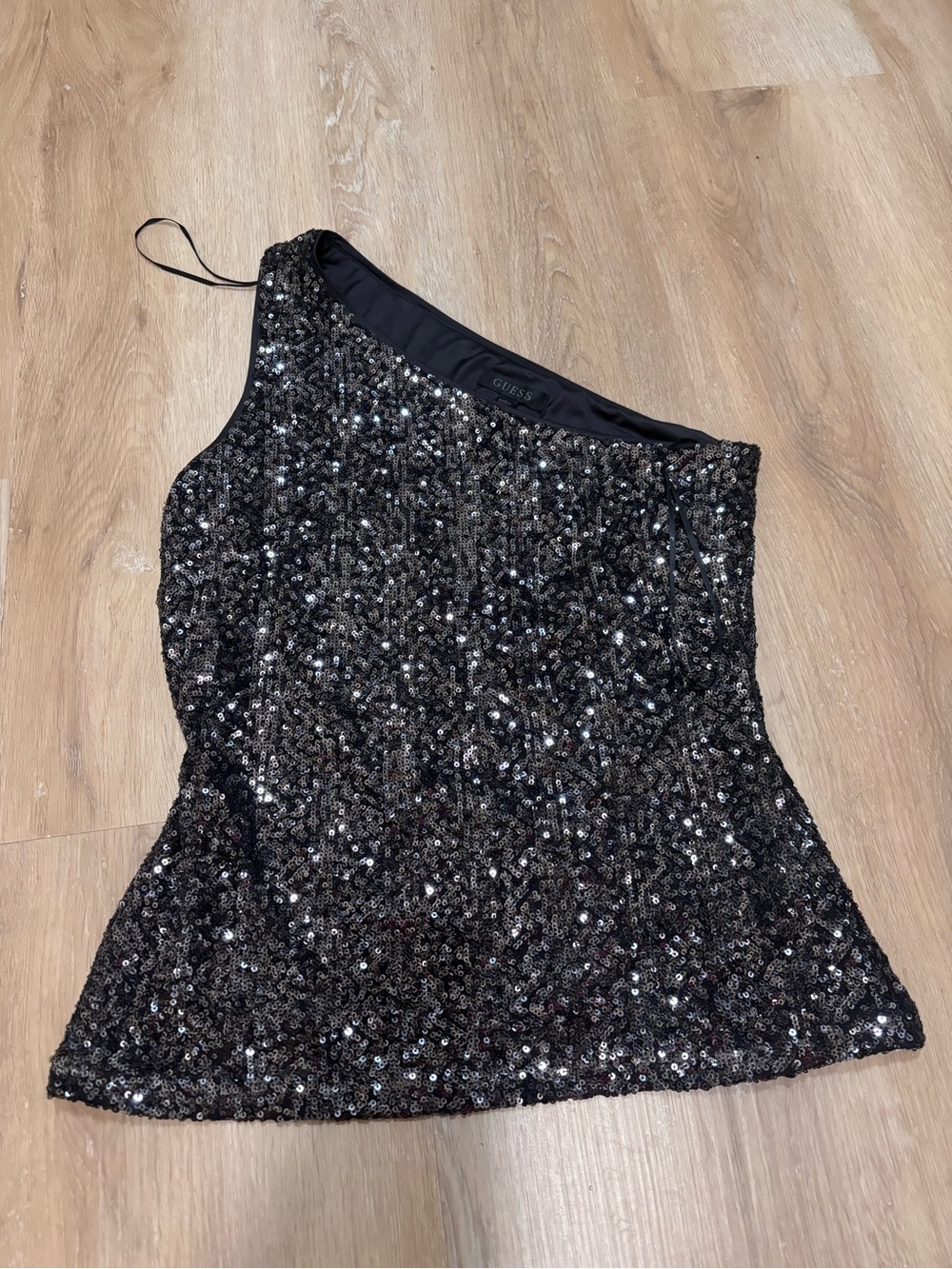 Guess One-Shoulder Black Sequin Top M